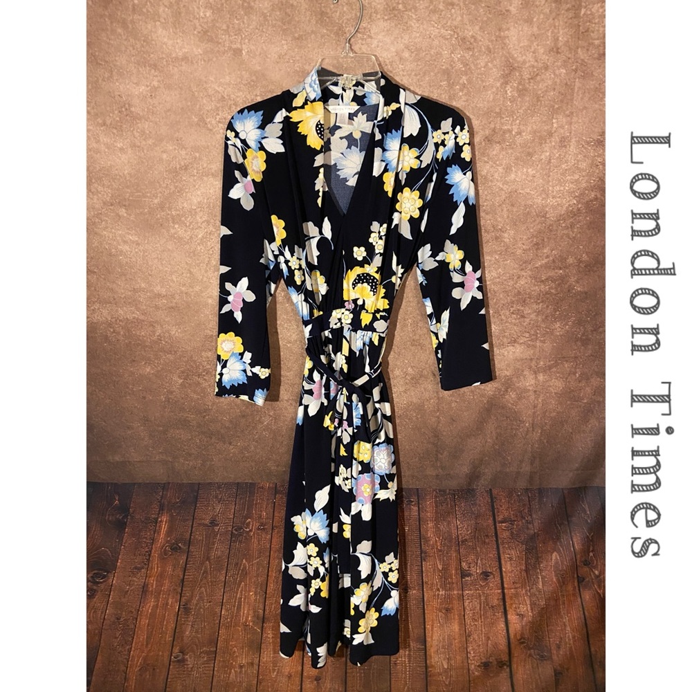 London Times Navy multicolor floral Dress w/tie waist~women’s size 12~EUC